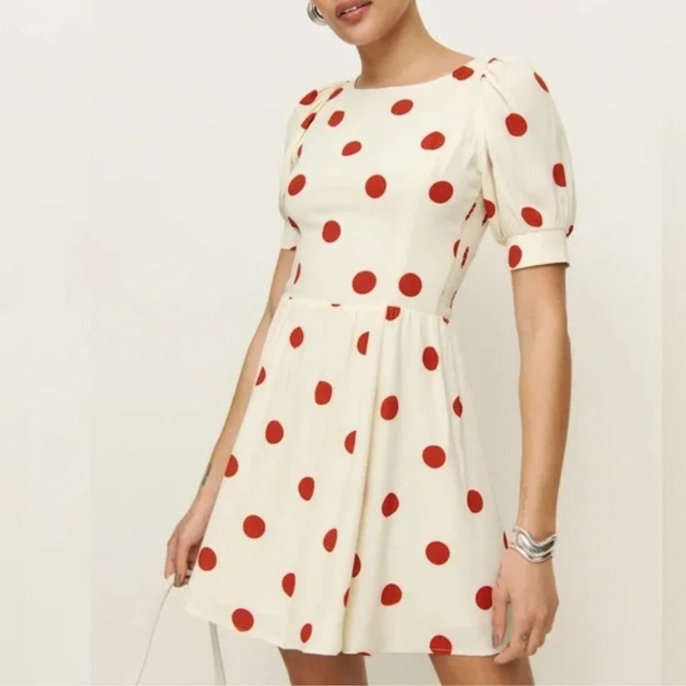 Reformation | NWT Aiyana Polka Dot Puff Sleeve Mini Dress in Carmona Dot - Picture 2 of 9